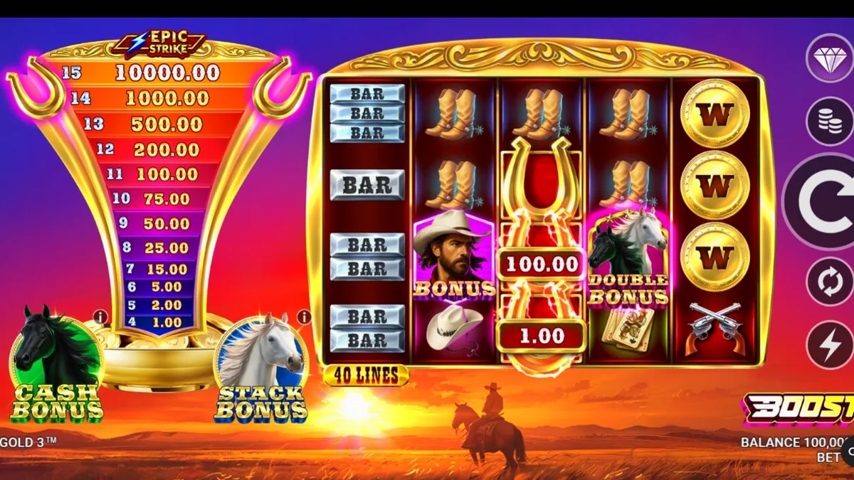 Giao diện trò chơi Western Gold 3 với hình ảnh cao bồi và vàng ròng
