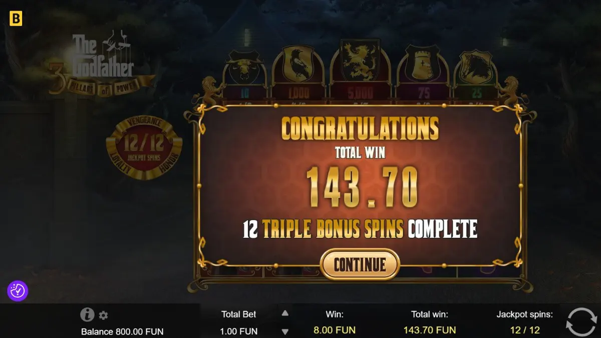 Giao diện trò chơi slot The Godfather: 3 Pillars of Power với phong cách điện ảnh sang trọng